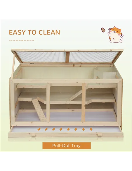 PawHut Wooden Hamster Cage, Small Animals Hutch with Tray, Openable Top, Exercise Play House Pen, 115L x 57W x 55Hcm, Natural
