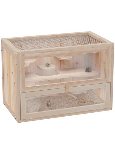 PawHut Wooden Hamster Cage Mouse Mice Rodent Small Animals Hutch Exercise Play House 60 x 35 x 42cm, Natural Wood Finish