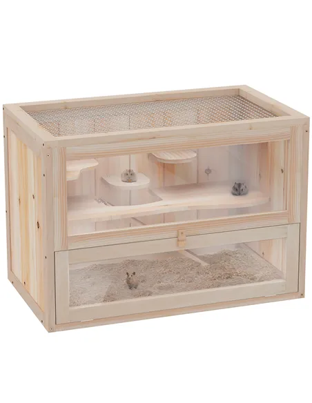 PawHut Wooden Hamster Cage Mouse Mice Rodent Small Animals Hutch Exercise Play House 60 x 35 x 42cm, Natural Wood Finish