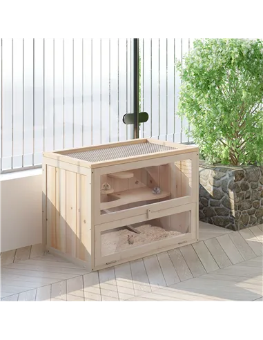 PawHut Wooden Hamster Cage Mouse Mice Rodent Small Animals Hutch Exercise Play House 60 x 35 x 42cm, Natural Wood Finish