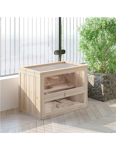 PawHut Wooden Hamster Cage Mouse Mice Rodent Small Animals Hutch Exercise Play House 60 x 35 x 42cm, Natural Wood Finish