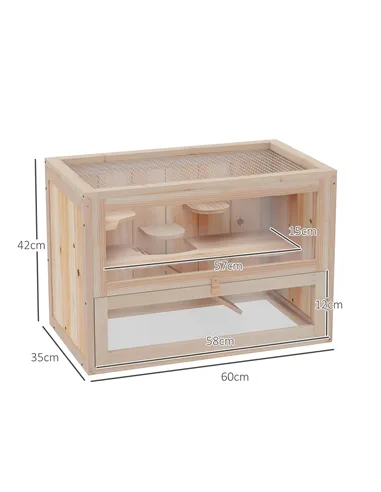 PawHut Wooden Hamster Cage Mouse Mice Rodent Small Animals Hutch Exercise Play House 60 x 35 x 42cm, Natural Wood Finish