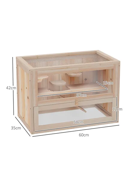 PawHut Wooden Hamster Cage Mouse Mice Rodent Small Animals Hutch Exercise Play House 60 x 35 x 42cm, Natural Wood Finish