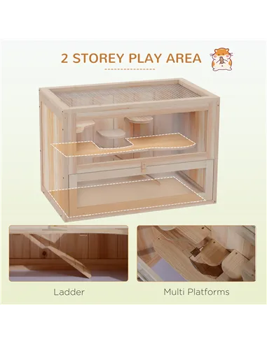 PawHut Wooden Hamster Cage Mouse Mice Rodent Small Animals Hutch Exercise Play House 60 x 35 x 42cm, Natural Wood Finish