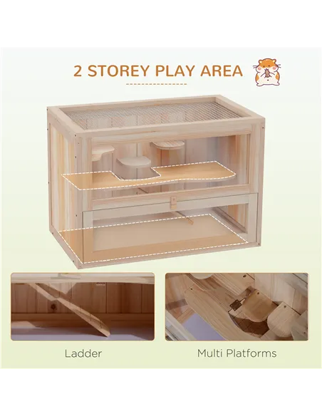 PawHut Wooden Hamster Cage Mouse Mice Rodent Small Animals Hutch Exercise Play House 60 x 35 x 42cm, Natural Wood Finish