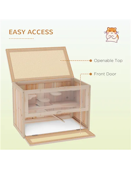 PawHut Wooden Hamster Cage Mouse Mice Rodent Small Animals Hutch Exercise Play House 60 x 35 x 42cm, Natural Wood Finish