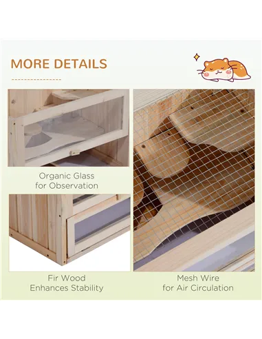 PawHut Wooden Hamster Cage Mouse Mice Rodent Small Animals Hutch Exercise Play House 60 x 35 x 42cm, Natural Wood Finish