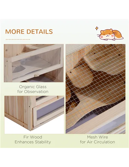 PawHut Wooden Hamster Cage Mouse Mice Rodent Small Animals Hutch Exercise Play House 60 x 35 x 42cm, Natural Wood Finish