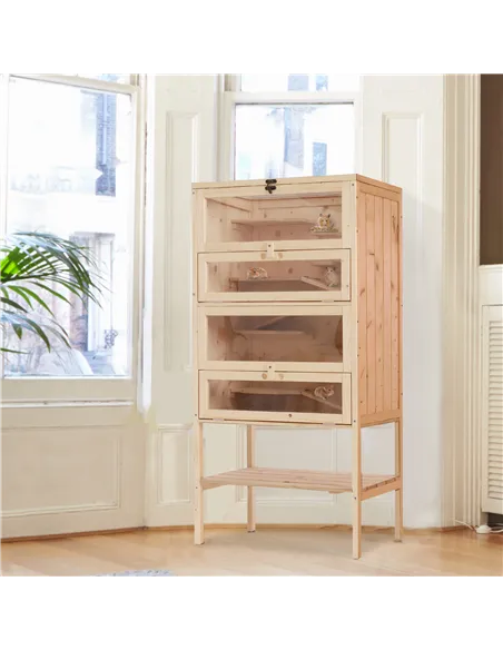 PawHut Wooden Large Hamster Cage, Gerbil Cage 4 Layers with Tall Bottom & Storage Shelf