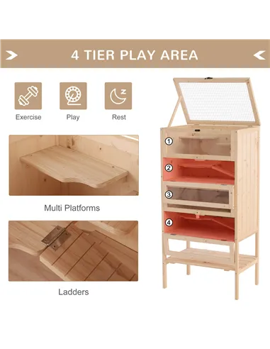 PawHut Wooden Large Hamster Cage, Gerbil Cage 4 Layers with Tall Bottom & Storage Shelf
