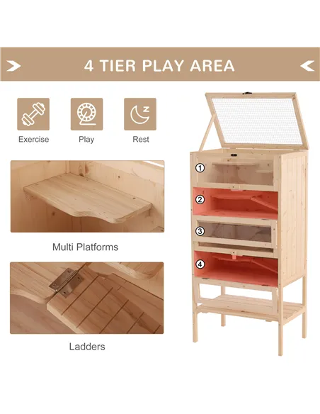 PawHut Wooden Large Hamster Cage, Gerbil Cage 4 Layers with Tall Bottom & Storage Shelf