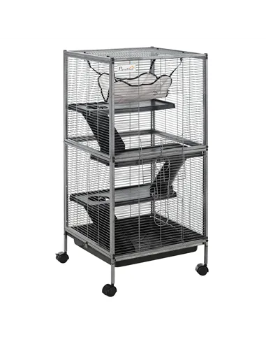 PawHut Small Animal Cage with Wheels Pet Home for Chinchillas Ferrets Kittens, with Hammock, 4 Platforms, Removable Tray, Silver
