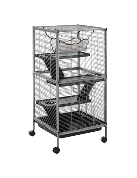 PawHut Small Animal Cage with Wheels Pet Home for Chinchillas Ferrets Kittens, with Hammock, 4 Platforms, Removable Tray, Silver