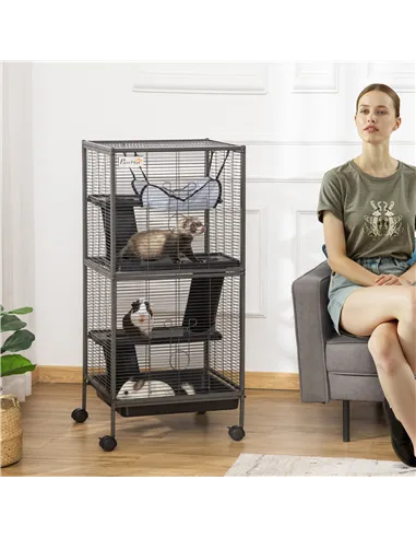 PawHut Small Animal Cage with Wheels Pet Home for Chinchillas Ferrets Kittens, with Hammock, 4 Platforms, Removable Tray, Silver