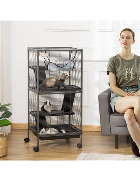 PawHut Small Animal Cage with Wheels Pet Home for Chinchillas Ferrets Kittens, with Hammock, 4 Platforms, Removable Tray, Silver
