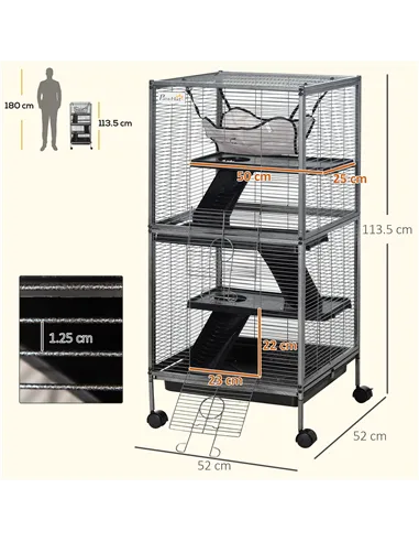 PawHut Small Animal Cage with Wheels Pet Home for Chinchillas Ferrets Kittens, with Hammock, 4 Platforms, Removable Tray, Silver