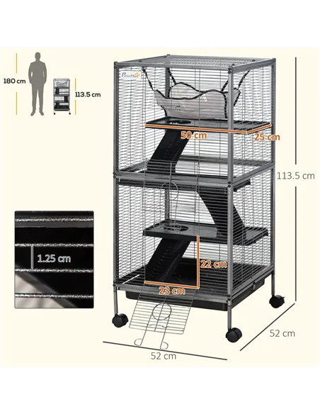 PawHut Small Animal Cage with Wheels Pet Home for Chinchillas Ferrets Kittens, with Hammock, 4 Platforms, Removable Tray, Silver