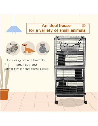 PawHut Small Animal Cage with Wheels Pet Home for Chinchillas Ferrets Kittens, with Hammock, 4 Platforms, Removable Tray, Silver