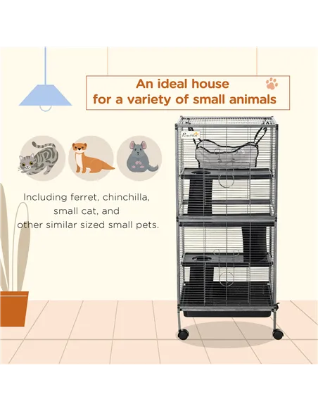 PawHut Small Animal Cage with Wheels Pet Home for Chinchillas Ferrets Kittens, with Hammock, 4 Platforms, Removable Tray, Silver