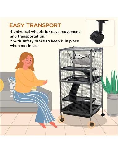 PawHut Small Animal Cage with Wheels Pet Home for Chinchillas Ferrets Kittens, with Hammock, 4 Platforms, Removable Tray, Silver