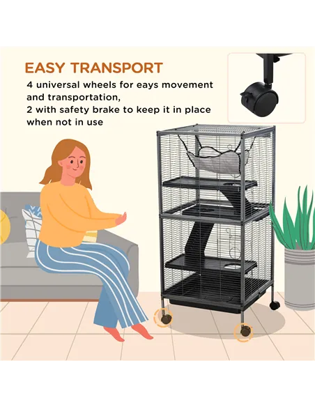 PawHut Small Animal Cage with Wheels Pet Home for Chinchillas Ferrets Kittens, with Hammock, 4 Platforms, Removable Tray, Silver