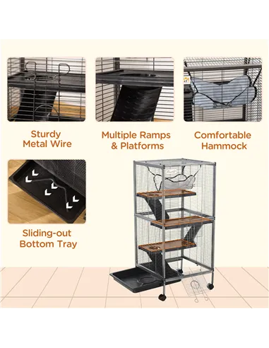 PawHut Small Animal Cage with Wheels Pet Home for Chinchillas Ferrets Kittens, with Hammock, 4 Platforms, Removable Tray, Silver