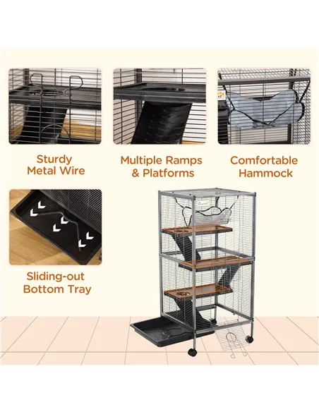 PawHut Small Animal Cage with Wheels Pet Home for Chinchillas Ferrets Kittens, with Hammock, 4 Platforms, Removable Tray, Silver