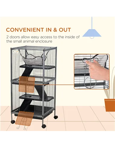 PawHut Small Animal Cage with Wheels Pet Home for Chinchillas Ferrets Kittens, with Hammock, 4 Platforms, Removable Tray, Silver