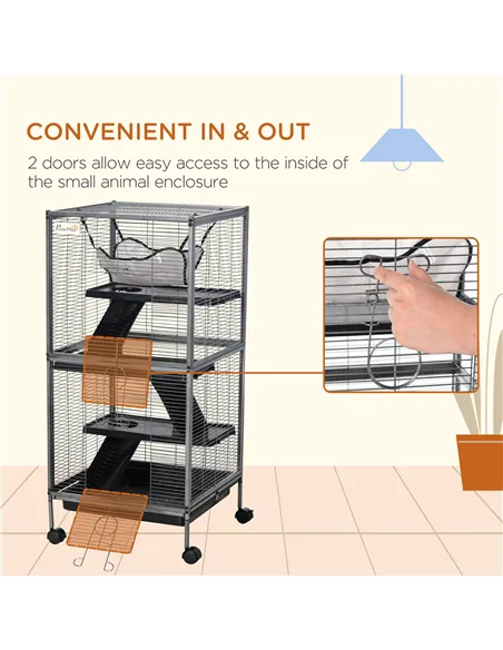 PawHut Small Animal Cage with Wheels Pet Home for Chinchillas Ferrets Kittens, with Hammock, 4 Platforms, Removable Tray, Silver