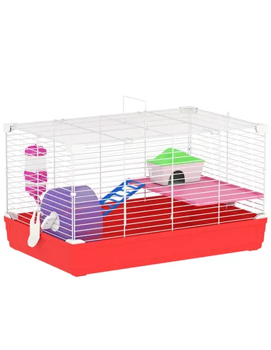 PawHut Hamster Cage, Small Gerbil Cage 2 Tiers Portable w/ Handle, Exercise Wheel, Water Bottle, Dishes