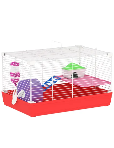 PawHut Hamster Cage, Small Gerbil Cage 2 Tiers Portable w/ Handle, Exercise Wheel, Water Bottle, Dishes
