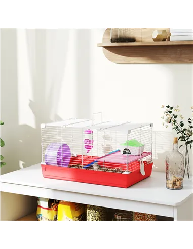 PawHut Hamster Cage, Small Gerbil Cage 2 Tiers Portable w/ Handle, Exercise Wheel, Water Bottle, Dishes
