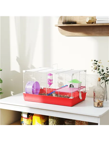 PawHut Hamster Cage, Small Gerbil Cage 2 Tiers Portable w/ Handle, Exercise Wheel, Water Bottle, Dishes