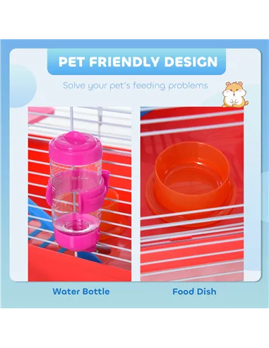 PawHut Hamster Cage, Small Gerbil Cage 2 Tiers Portable w/ Handle, Exercise Wheel, Water Bottle, Dishes