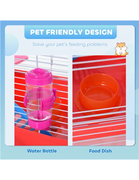 PawHut Hamster Cage, Small Gerbil Cage 2 Tiers Portable w/ Handle, Exercise Wheel, Water Bottle, Dishes