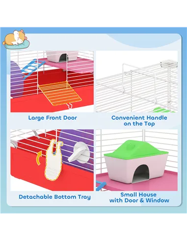PawHut Hamster Cage, Small Gerbil Cage 2 Tiers Portable w/ Handle, Exercise Wheel, Water Bottle, Dishes
