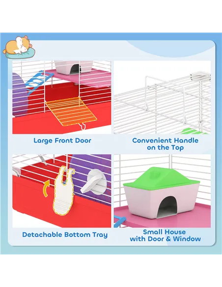 PawHut Hamster Cage, Small Gerbil Cage 2 Tiers Portable w/ Handle, Exercise Wheel, Water Bottle, Dishes