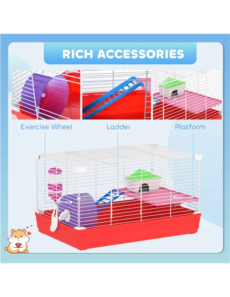 PawHut Hamster Cage, Small Gerbil Cage 2 Tiers Portable w/ Handle, Exercise Wheel, Water Bottle, Dishes