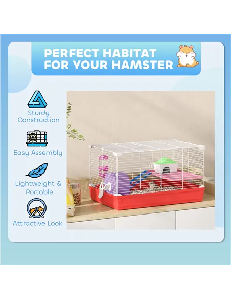 PawHut Hamster Cage, Small Gerbil Cage 2 Tiers Portable w/ Handle, Exercise Wheel, Water Bottle, Dishes