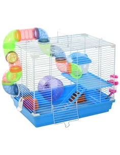 Pawhut 2 Tier Hamster Cage, Gerbil Cage with Handle, Exercise Wheels, Tunnel, Tube, Water Bottle, Dishes, Ladder, for Dwarf, Blu