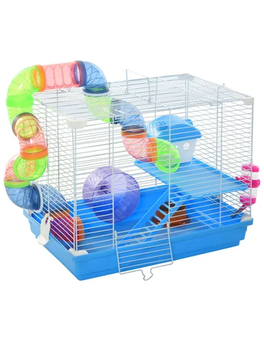 Pawhut 2 Tier Hamster Cage, Gerbil Cage with Handle, Exercise Wheels, Tunnel, Tube, Water Bottle, Dishes, Ladder, for Dwarf, Blu