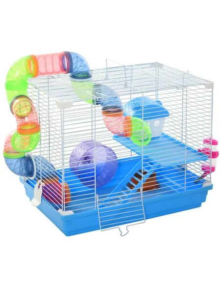 Pawhut 2 Tier Hamster Cage, Gerbil Cage with Handle, Exercise Wheels, Tunnel, Tube, Water Bottle, Dishes, Ladder, for Dwarf, Blu