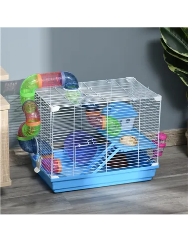 Pawhut 2 Tier Hamster Cage, Gerbil Cage with Handle, Exercise Wheels, Tunnel, Tube, Water Bottle, Dishes, Ladder, for Dwarf, Blu