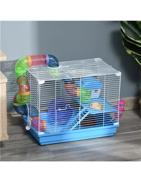 Pawhut 2 Tier Hamster Cage, Gerbil Cage with Handle, Exercise Wheels, Tunnel, Tube, Water Bottle, Dishes, Ladder, for Dwarf, Blu