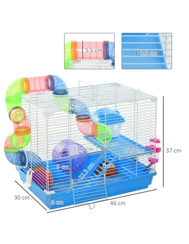 Pawhut 2 Tier Hamster Cage, Gerbil Cage with Handle, Exercise Wheels, Tunnel, Tube, Water Bottle, Dishes, Ladder, for Dwarf, Blu