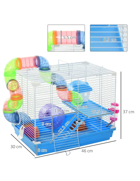 Pawhut 2 Tier Hamster Cage, Gerbil Cage with Handle, Exercise Wheels, Tunnel, Tube, Water Bottle, Dishes, Ladder, for Dwarf, Blu