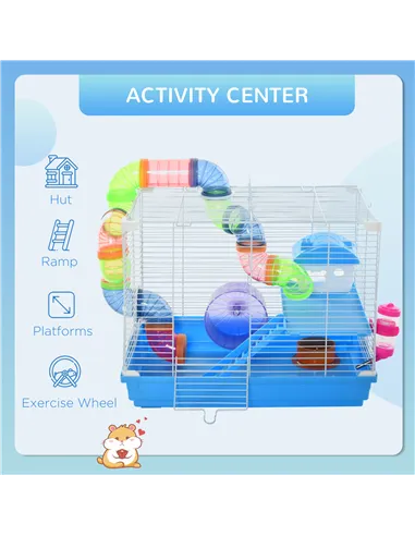 Pawhut 2 Tier Hamster Cage, Gerbil Cage with Handle, Exercise Wheels, Tunnel, Tube, Water Bottle, Dishes, Ladder, for Dwarf, Blu