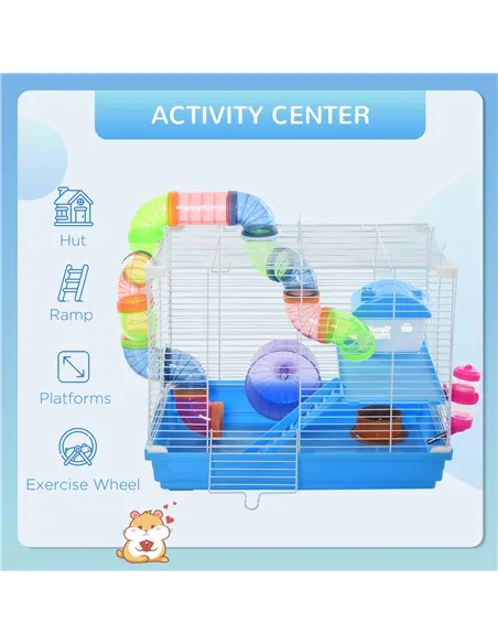 Pawhut 2 Tier Hamster Cage, Gerbil Cage with Handle, Exercise Wheels, Tunnel, Tube, Water Bottle, Dishes, Ladder, for Dwarf, Blu