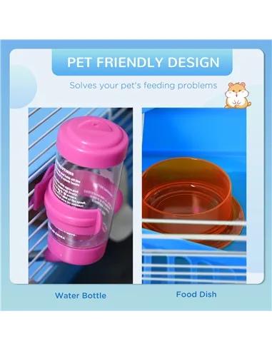 Pawhut 2 Tier Hamster Cage, Gerbil Cage with Handle, Exercise Wheels, Tunnel, Tube, Water Bottle, Dishes, Ladder, for Dwarf, Blu