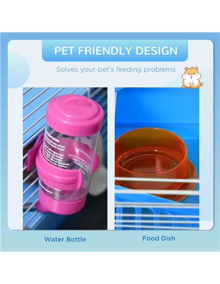 Pawhut 2 Tier Hamster Cage, Gerbil Cage with Handle, Exercise Wheels, Tunnel, Tube, Water Bottle, Dishes, Ladder, for Dwarf, Blu